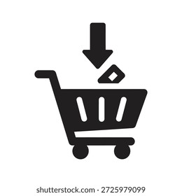 Carrito de compras con la flecha hacia abajo para agregar al Carrito y comprar un símbolo para la compra de la tienda en línea y la Descarga de pedidos de comercio electrónico