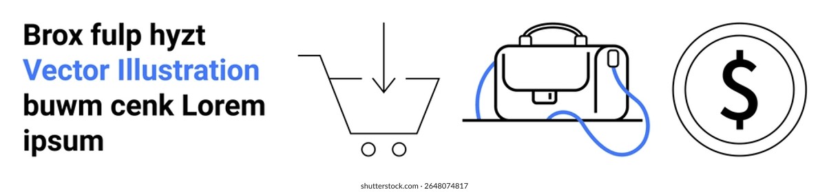 Carrinho de compras com seta, bolsa com cinta azul, círculo de sinal de dólar. Ideal para comércio eletrônico, compras on-line, varejo, serviços financeiros, banners de site, materiais de marketing, apresentações de negócios