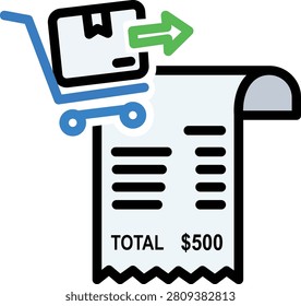 Shopping cart arrow pointing to receipt with total500 shoppingcart blue dollar