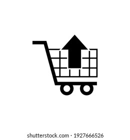 Carro de compras con flecha hacia arriba Iniciar sesión en un icono de glifo de forma plana y sólida, aislado en fondo blanco 