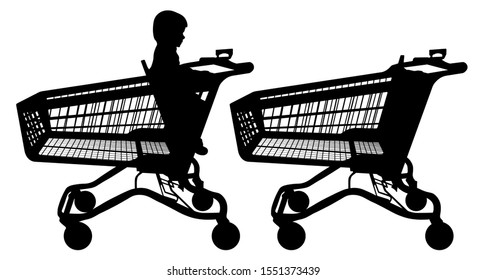 Shopping cart with a baby. Supermarket trolley silhouette vector