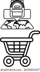 A shopping cart with a backpack on top of it. The backpack is placed on the cart, and the cart is on the ground. Concept of travel and adventure