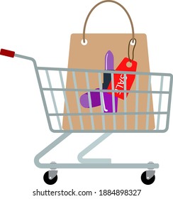 Shopping Cart With Bag Of Cosmetics Icon. Flat Color Design. Vector Illustration.
