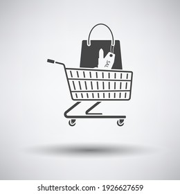 Shopping Cart With Bag Of Cosmetics Icon. Dark Gray on Gray Background With Round Shadow. Vector Illustration.