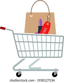 Shopping Cart With Bag Of Cosmetics Icon. Flat Color Design. Vector Illustration.