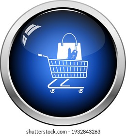 Shopping Cart With Bag Of Cosmetics Icon. Glossy Button Design. Vector Illustration.
