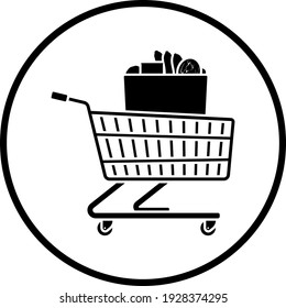 Shopping Cart With Bag Of Food Icon. Thin Circle Stencil Design. Vector Illustration.