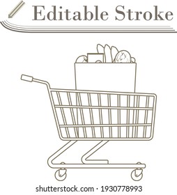Shopping Cart With Bag Of Food Icon. Editable Stroke Simple Design. Vector Illustration.