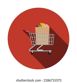 Shopping Cart With Bag Of Food Icon. Flat Circle Stencil Design With Long Shadow. Vector Illustration.