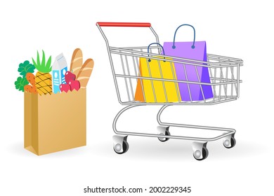 Shopping cart. Bag with food. Self-service supermarket full shopping trolley cart with fresh grocery products. vector illustration