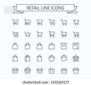 Shopping cart, shopping bag and grocery basket vector outline mini line icons set. 24x24 px. Pixel Perfect. Editable stroke.