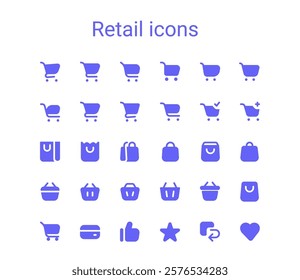 Shopping cart, shopping bag and grocery basket vector icon set. Webshop small mini line round icons.