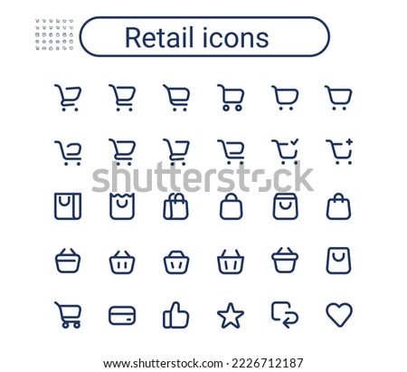 Shopping cart, shopping bag and grocery basket vector icon set. Editable stroke. Webshop small mini line round icons.