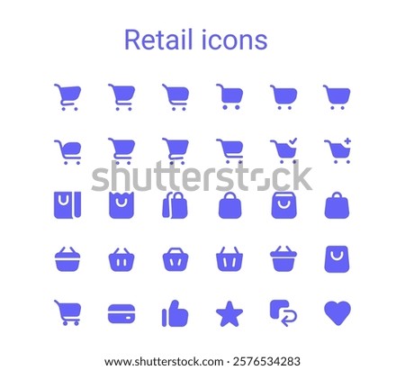 Shopping cart, shopping bag and grocery basket vector icon set. Webshop small mini line round icons.