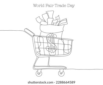 Shopping cart with a bag of money inside. World Fair Trade Day. One line drawing for different uses. Vector illustration.