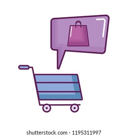 shopping cart and bag with speech bubble