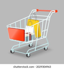 Shopping cart with bags and gift box. Vector 3d illustration