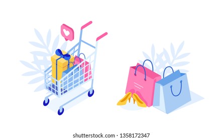 Carrito comercial y bolsas con compra. Se puede usar para banner web, infografías, imágenes de héroes. Ilustración vectorial isométrica plana aislada en fondo blanco.