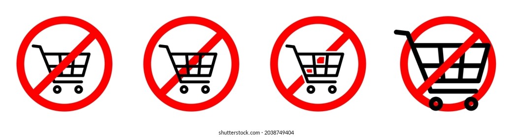 Shopping cart ban icon. Shopping cart is prohibited. Stop or ban red round sign with shopping cart icon. Vector illustration. No shopping cart icons set.