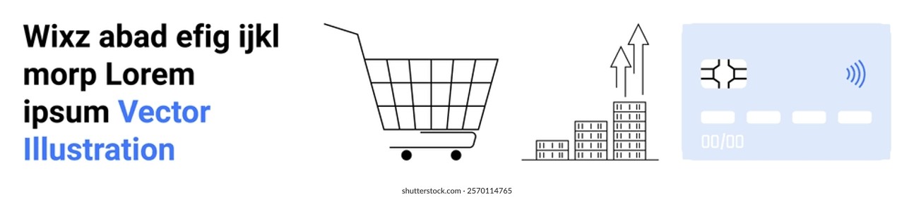 A shopping cart, bar graph with upward arrows, and a credit card image. Ideal for e-commerce, online shopping, business growth, digital payment, and financial technology themes. Banner for landing