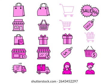 Shopping cart, basket, bag icon set. Linear shop icon set pink color