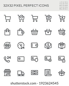 Shopping Cart, Shopping Basket, Electronic Commerce, Mobile Store, Support, Delivery. Simple Interface Icons. Editable Stroke. 32x32 Pixel Perfect Vector Line Icons.