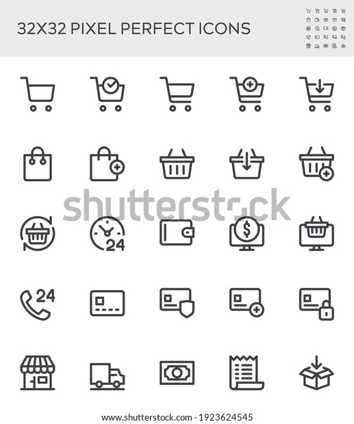 Shopping Cart, Shopping\
Basket, Electronic Commerce, Mobile Store, Support, Delivery.\
Simple Interface Icons. Editable Stroke. 32x32 Pixel Perfect Vector\
Line Icons.
