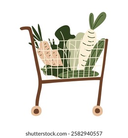 Shopping cart and basket filled groceries from supermarket or farmer market. Vegetables, greens zero-waste packaging, perfect for eco-friendly design. Vector illustration in organic flat style.