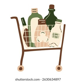 Shopping cart and basket filled groceries from supermarket or farmer market. Bottles, oil, milk, shampoo zero-waste packaging, perfect for eco-friendly design. Vector illustration in organic flat