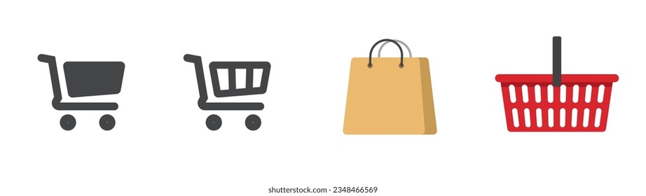 Shopping cart basket icon vector graphic set, retail store bag paper pictogram simple, supermarket mall trolley line outline art stroke web symbol button set image clipart modern