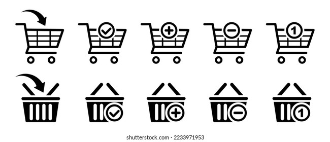 Shopping cart and basket icons vector set. Online store. Supermarket trolley set. Add and delete item to cart and basket. Vector 10 EPS.