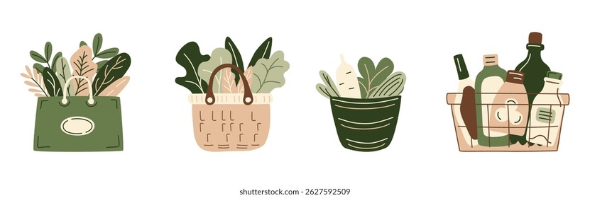 Shopping cart, basket, pot and paper bag filled with grocery products from a supermarket or farmer market, zero-waste packaging for eco-friendly design. Vector illustration in organic flat style.