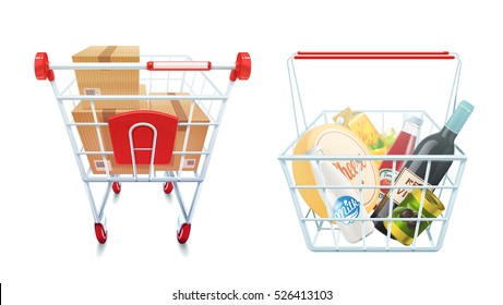 Shopping cart and basket set with boxes and food isolated realistic vector illustration 