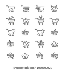 Shopping cart and basket: thin vector icon set, black and white kit