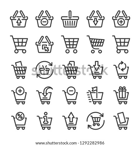 Shopping cart and baskets icons set. Online store symbols. Line style