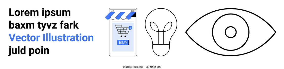 Shopping cart beneath storefront awning, minimalist light bulb, and eye symbol. Ideal for e-commerce, marketing, innovation, business, technology, digital ads, and branding. Landing page