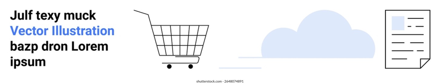Carrinho de compras ao lado de uma nuvem e um documento. Ideal para comércio eletrônico, armazenamento digital, compras on-line, computação em nuvem, gerenciamento de documentos, serviços técnicos e negócios modernos. Faixa para a página inicial