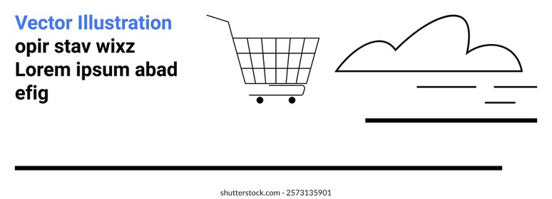 Shopping cart beside cloud with horizontal lines on a white background. Ideal for E-commerce, Weather Forecasts, Minimalist Designs, UI UX Mockups, and Concept Art. Banner for landing page