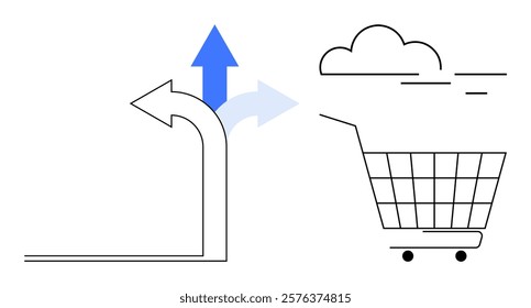 A shopping cart beside a directional arrow symbolizing choices and decisions. Ideal for business growth, e-commerce strategy, digital marketing, online shopping trends, strategic planning concepts