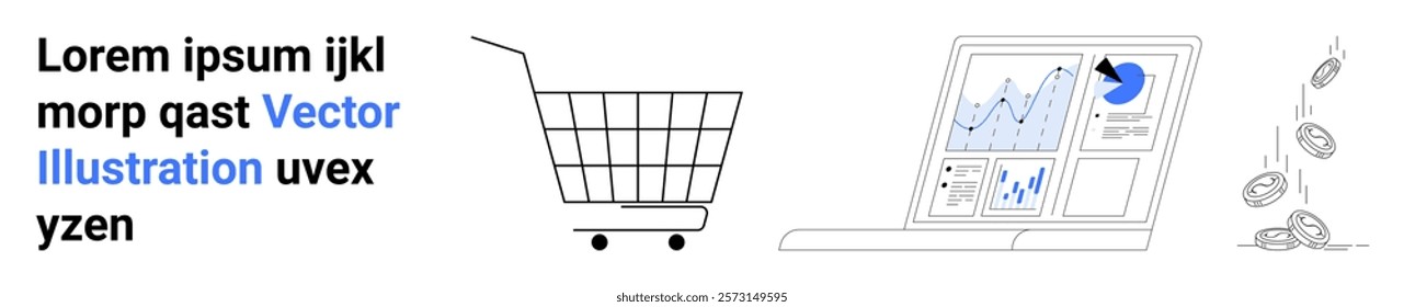 Shopping cart beside laptop displaying financial graphs and charts, and coins falling. Ideal for e-commerce, data analytics, financial growth, business planning, and online sales concepts. Banner