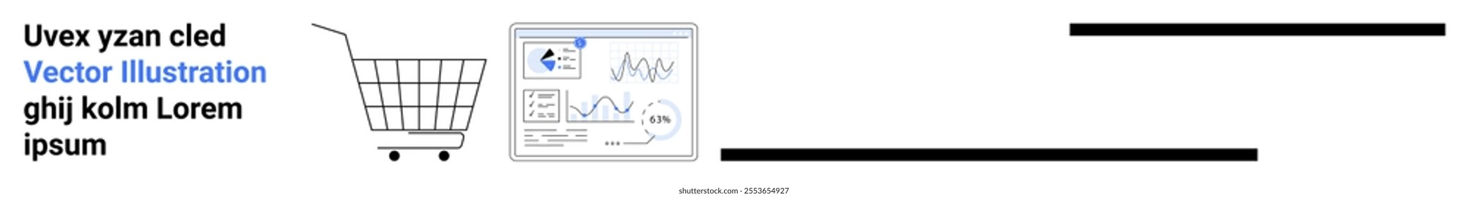 Shopping cart beside a screen with data analytics graphs and placeholder text in black and blue. Ideal for e-commerce, data analysis, shopping, statistics, and business analytics. Landing page