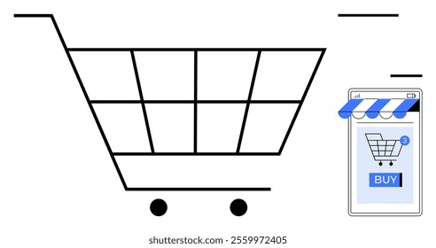 A shopping cart beside a smartphone screen with a buying button. Ideal for e-commerce, digital retail, online shopping, mobile commerce, and virtual storefronts. Simple, modern, minimalist style