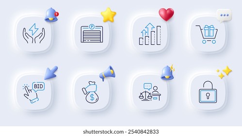 Warenkorb, Angebot und Bestechungslinie Symbole. Tasten mit 3D-Glocke, Chat-Sprache, Cursor. Parkgaragenpaket, Analysediagramm, Schloss-Symbol. Sichere Energie, Piktogramm des Richters. Vektorgrafik