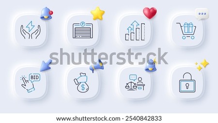 Shopping cart, Bid offer and Bribe line icons. Buttons with 3d bell, chat speech, cursor. Pack of Parking garage, Analysis graph, Lock icon. Safe energy, Court judge pictogram. Vector