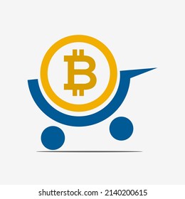 Shopping cart with Bitcoin. Flat design. Vector Illustration of buy bitcoin on white background.