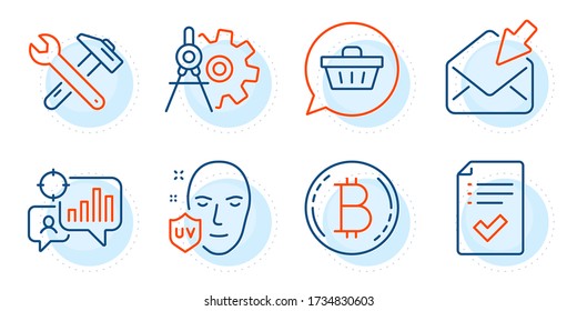 Shopping cart, Bitcoin and Open mail signs. Cogwheel dividers, Approved checklist and Seo statistics line icons set. Spanner tool, Uv protection symbols. Settings, Accepted message. Vector