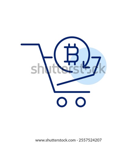 Shopping cart and bitcoin in refresh arrow. Spending and savings, online store. Pixel perfect, editable stroke icon