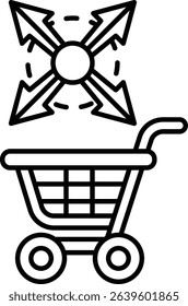 A shopping cart with a black background and arrows pointing to it. The arrows are pointing in different directions, creating a sense of chaos and confusion
