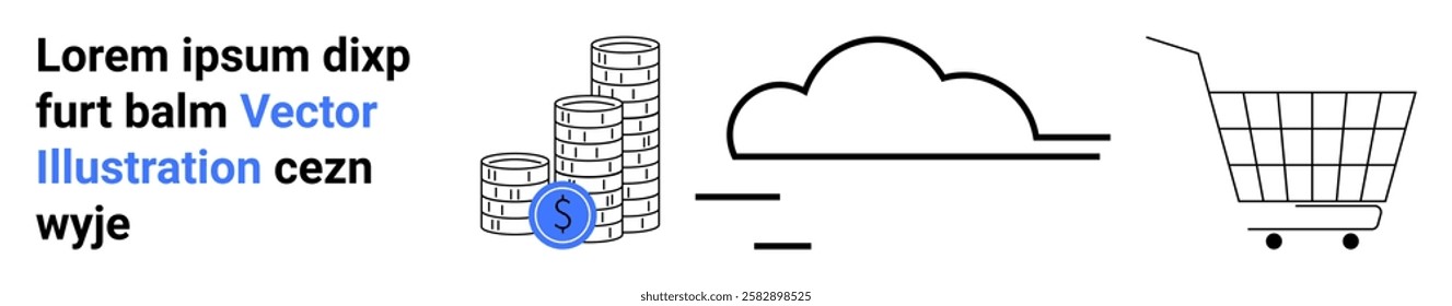 Shopping cart black cloud line art coin stacks symbolize e-commerce digital commerce financial growth. Ideal for e-commerce technology finance business online shopping concepts. Banner for landing