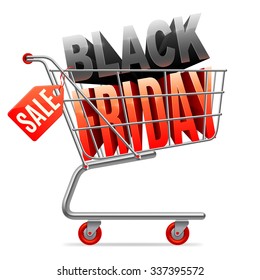 Shopping Cart With Black Friday 3D Text Inside And Sale Tag